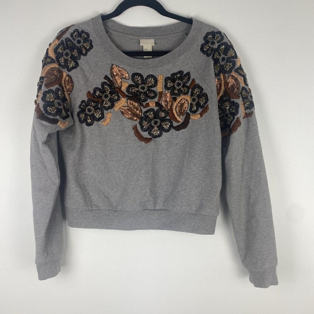 H&M Women's Sequin Floral Detail Pullover Sweatshirt Size 6 Gray Crewneck
